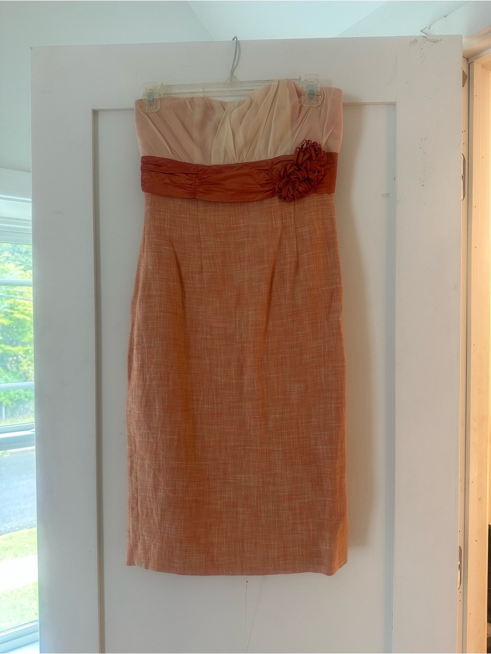 Tracy Reese Strapless Peach and Cream Sheath Dress with Rust Waist Sash